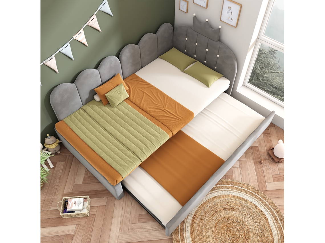 Sofá cama de veludo cinza 90x200 cm com cama auxiliar 90x190 cm, detalhes em coroa, compacto, colchão não incluído VSOGA