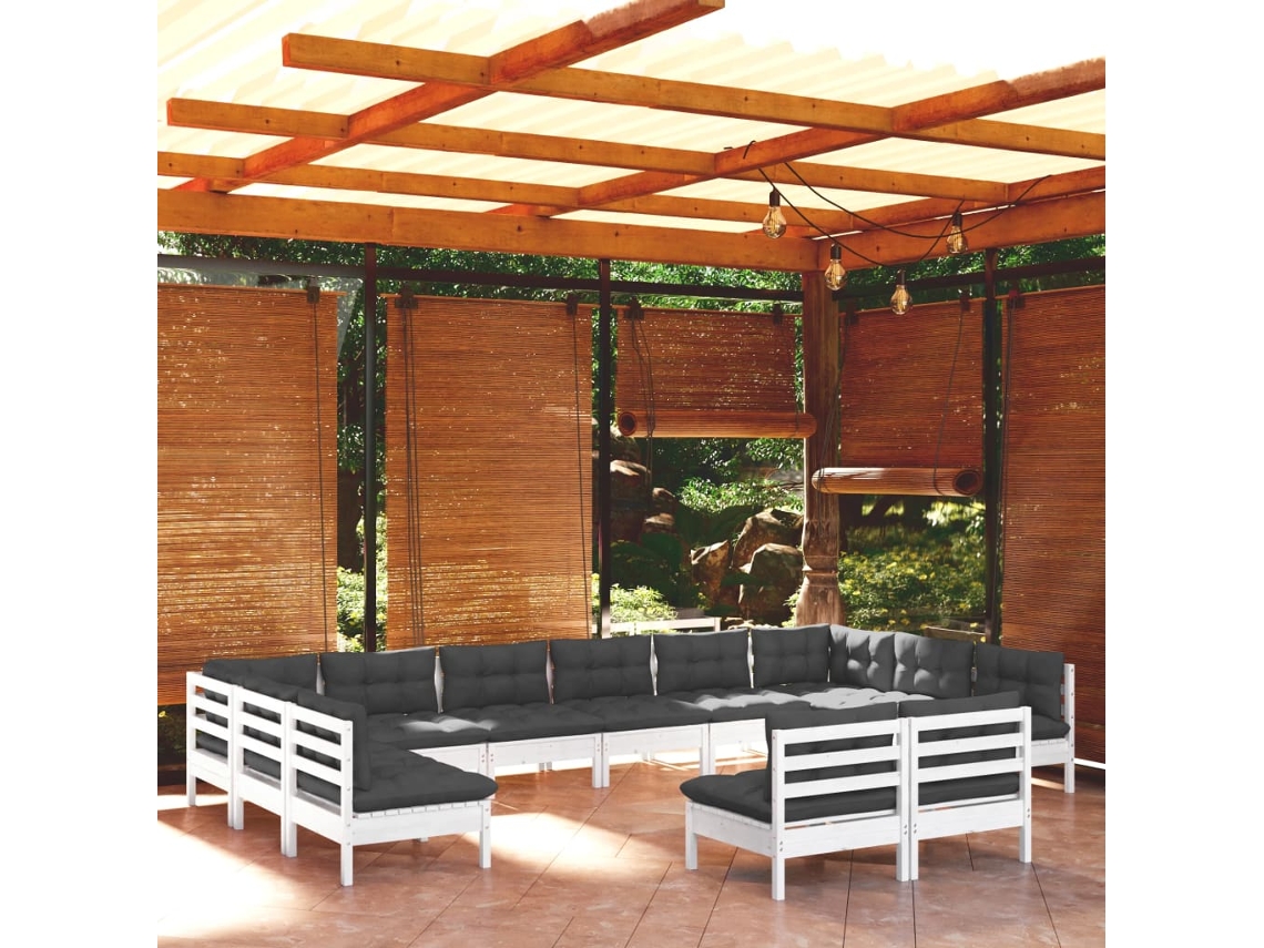 Vidaxl 12 Pcs Conj. Lounge De Jardim C/ Almofadões Pinho Maciço Branco