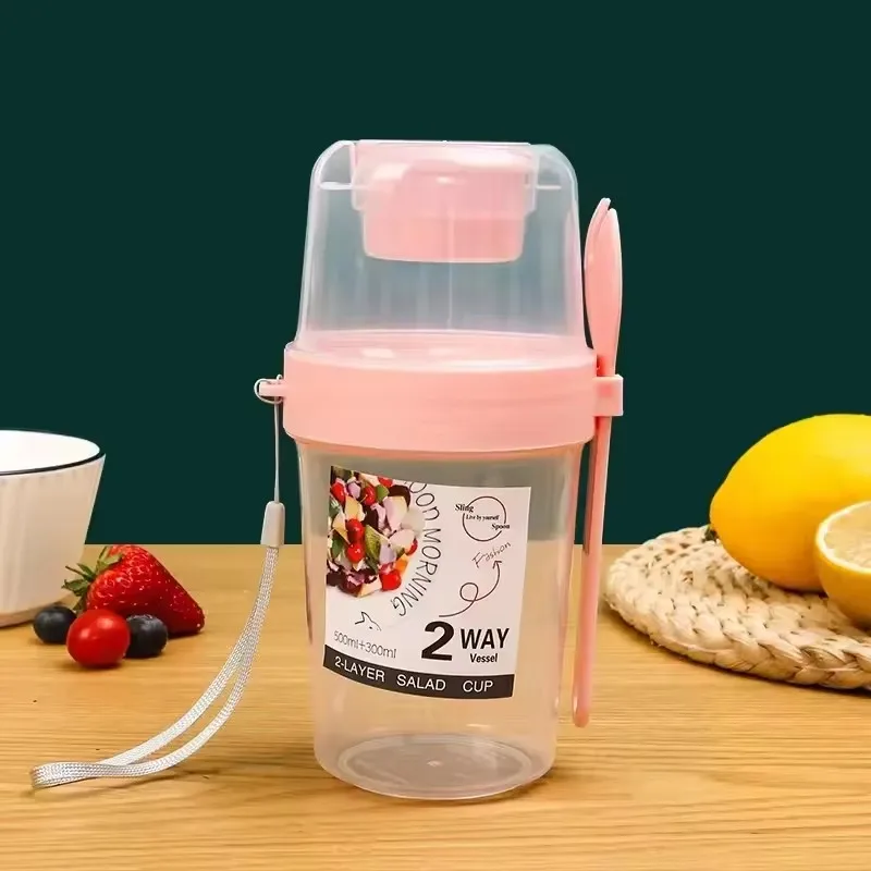 Copo de Aveia para Salada, 500ml + 300ml, Tampa À Prova de Vazamentos, com Garfo, Colher e Alça de Pulso. MDUG (rosa)