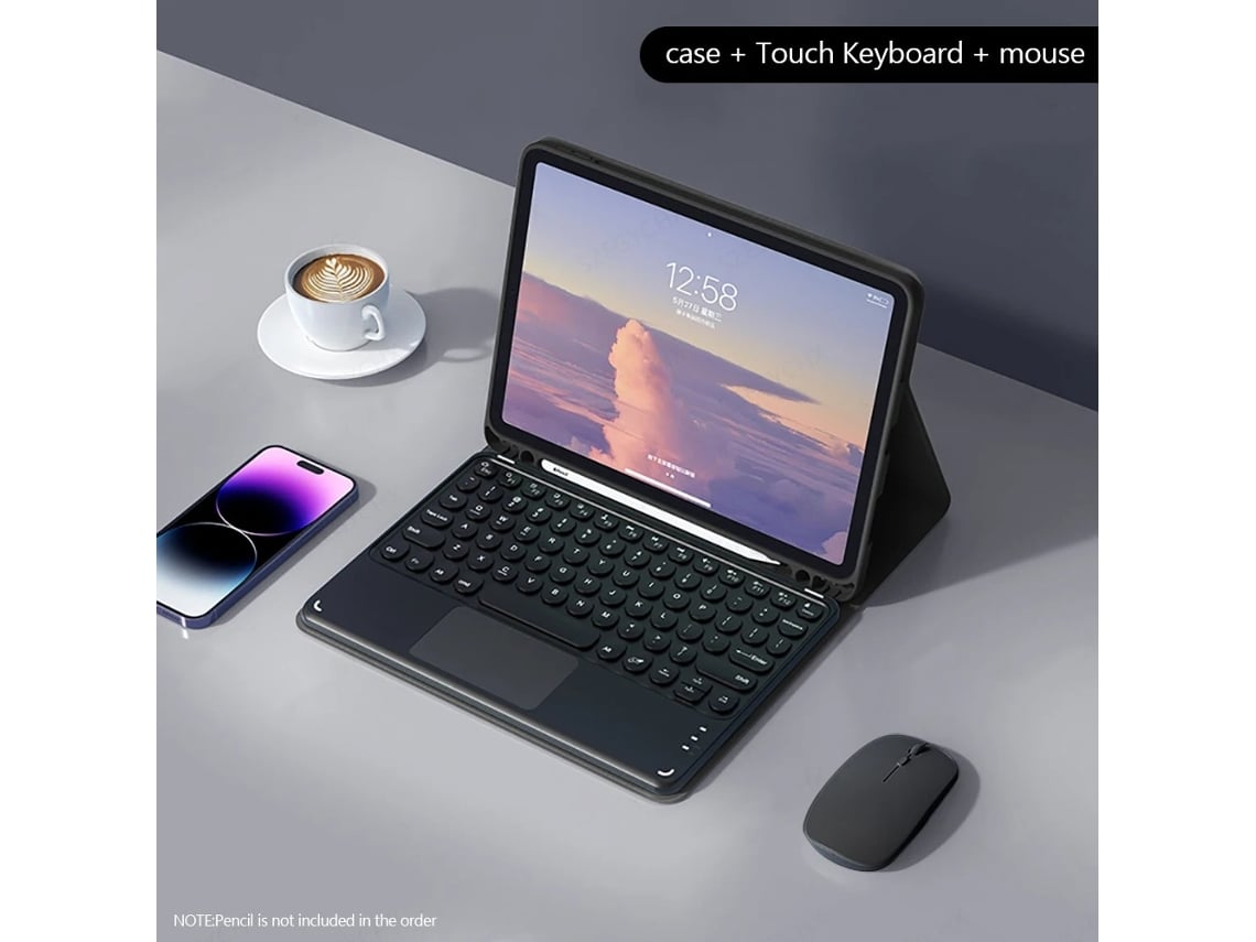 Capa Com Teclado Para Tablet Samsung S10 Fe+ De 13,1 Polegadas (com Teclado Grande De 12 Polegadas) Em Preto Obsidiana Com Tampa Redonda E Teclado Sen