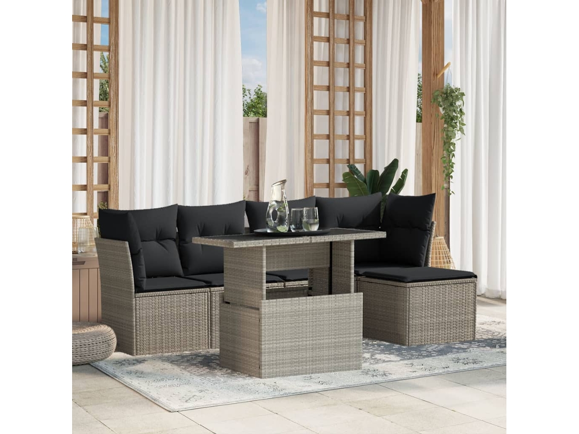 Vidaxl 6 Pcs Conj. Sofás Jardim com Almofadões Vime Pe Cinzento claro