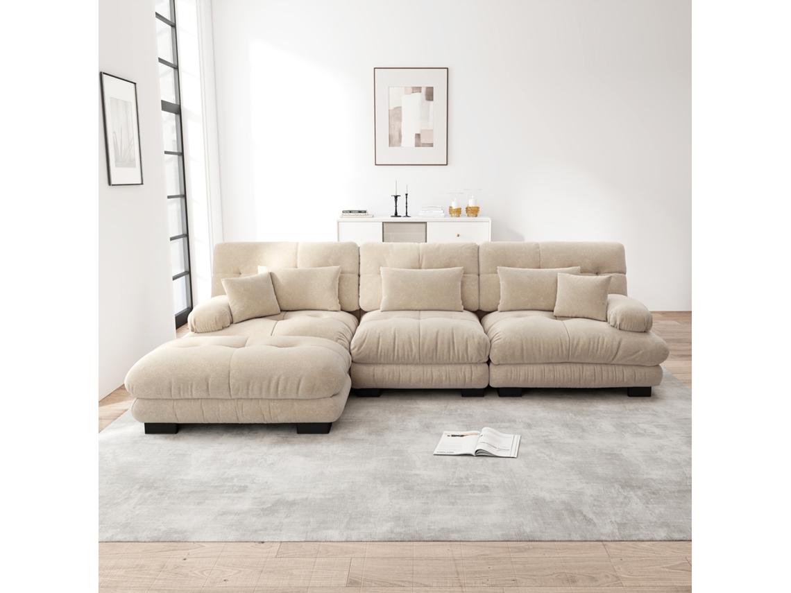 Sofá de Canto em L Sofá Cama Veludo Chenille Light Coffee MOBRIO