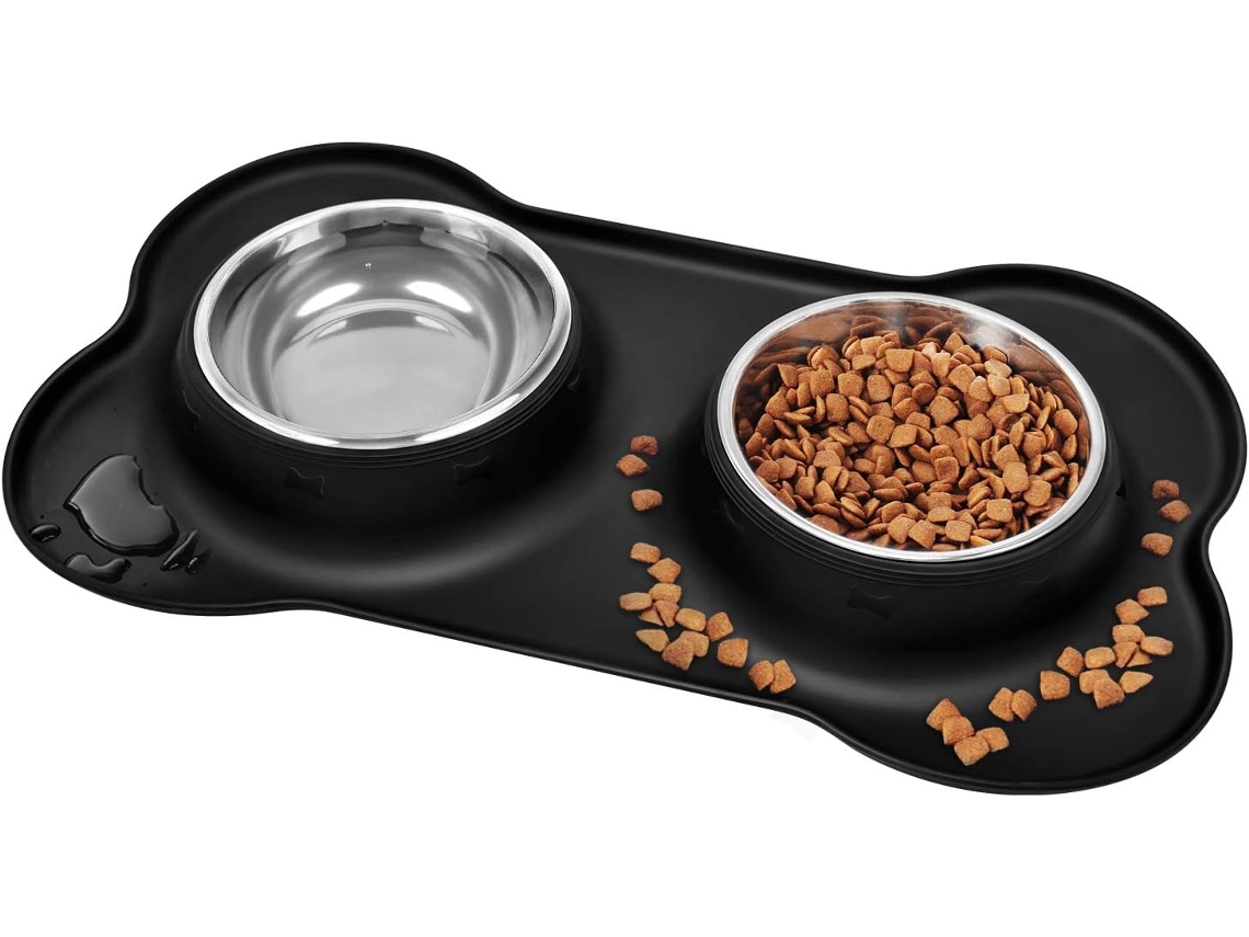 Tigela Dupla Antiderrapante em Aço Inoxidável para Ração e Água de Cães, com Bandeja de Silicone Anti derramamento AQUAFORGE