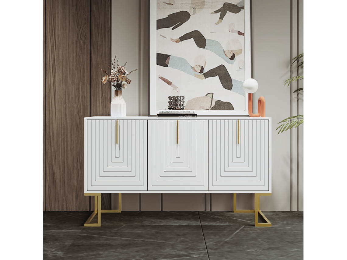 Buffet Moderno Com Prateleiras Ajustáveis 3 Portas Com Padrão Em U Puxadores E Base Em Metal Branco Estilo
