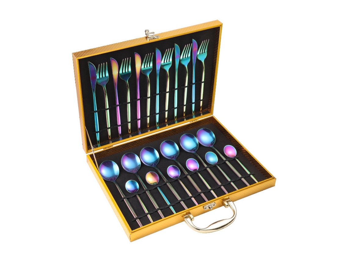 Conjunto De 24 Peças - Cores Do Arco-íris) Talheres Em Aço Inoxidável 430, Com Acabamento Jateado, Incluindo Facas, Garfos E Colheres.