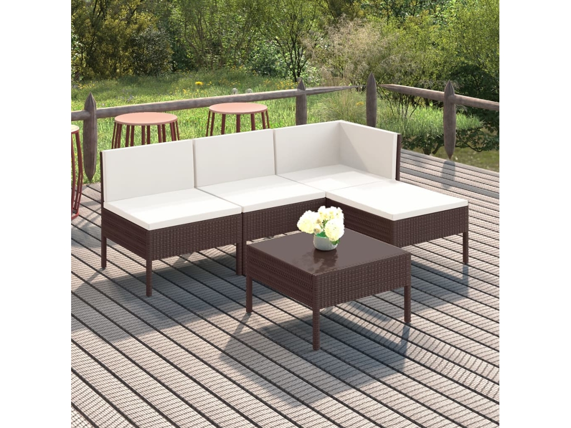 Vidaxl 5 Pcs Conjunto Lounge Jardim C/ Almofadões Vime Pe Castanho