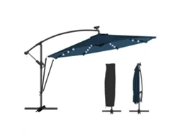 Chapéu de Sol Excêntrico com Luzes LED Solares 345cm, Base Cruzada, Manivela, Capa Azul
