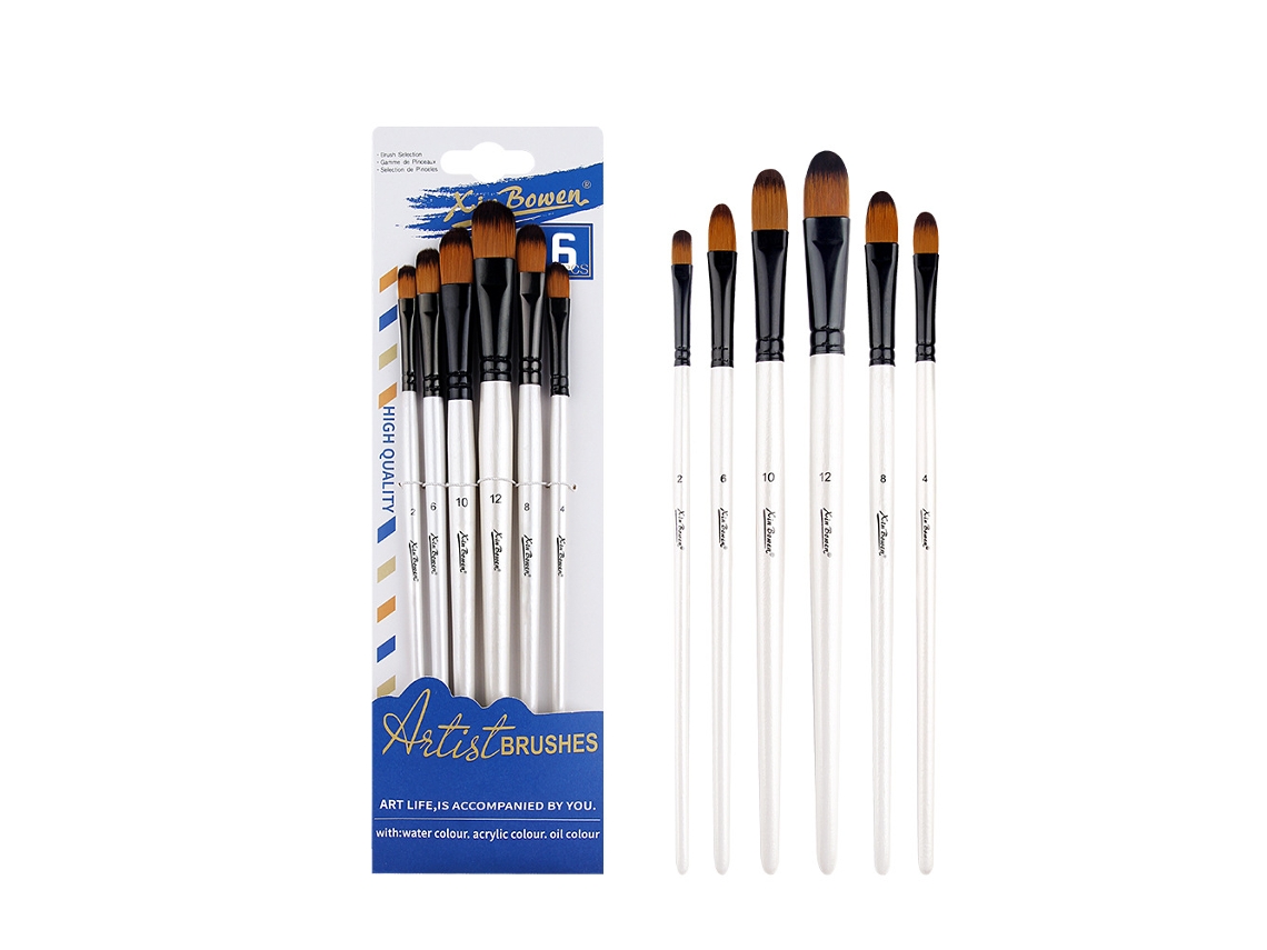 Conjunto De 6 Pincéis Língua De Gato De Nylon, Com Cabo Laqueado Branco, Para Pintura Acrílica, A Óleo E Aquarela.