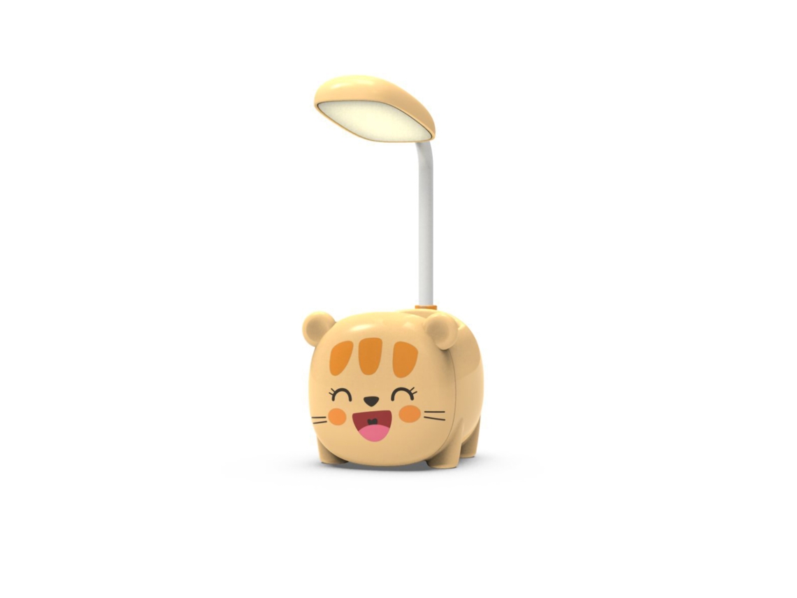 Lâmpada de Mesa Led Gato Amarelo Cartoon com Suporte Canetas