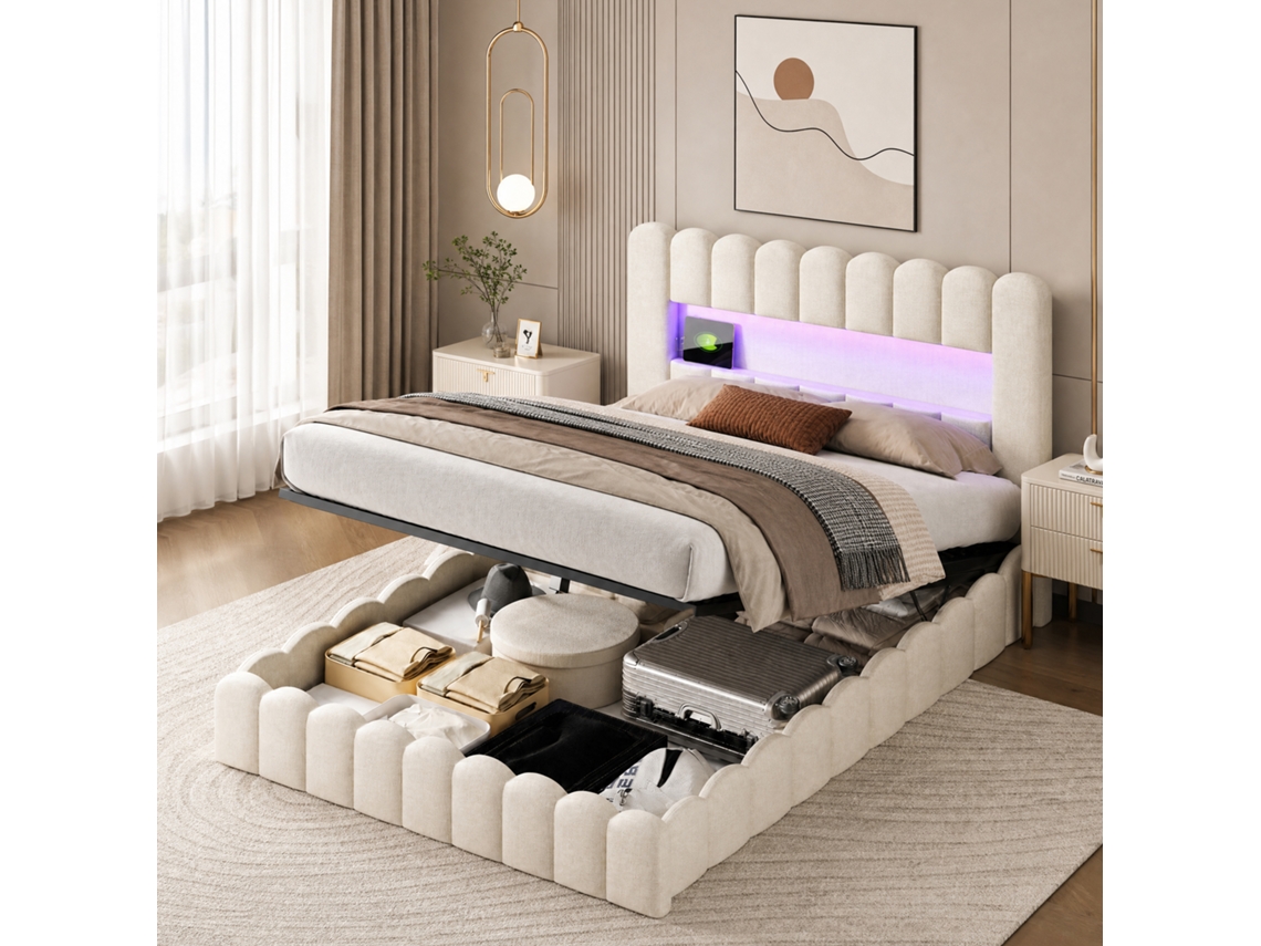 Cama Estofada Bubble Bed 180x200cm, Cama Hidráulica Com Espaço De Arrumação E Base De Ripas, Cama De Casal Com Led E Usb, Linho, Bege, Simurq