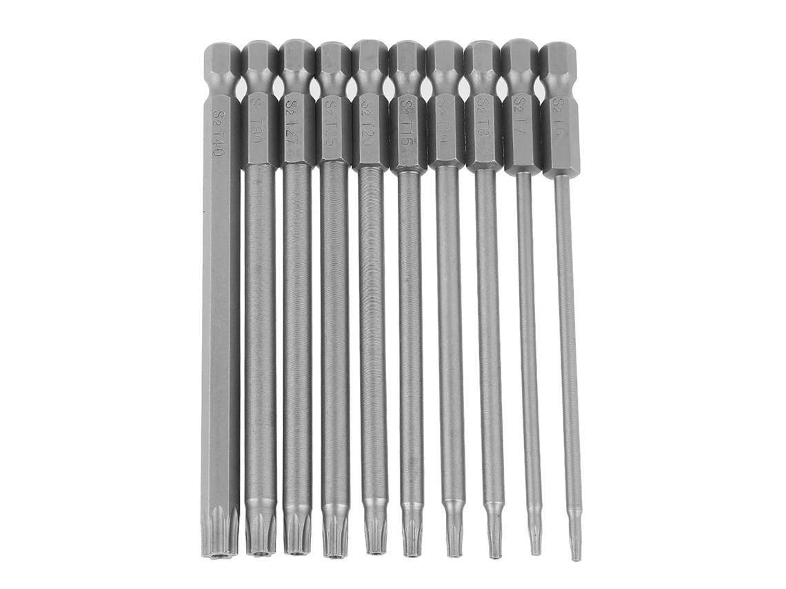 Conjunto De Bits De Parafusadeira Com Cabeça Estrela S2 Aço 10pcs 100mm 1/4 Polegada Hexagonal