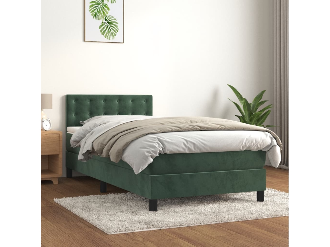 Cama Com Molas/colchão 90x200 Cm Veludo Verde-escuro