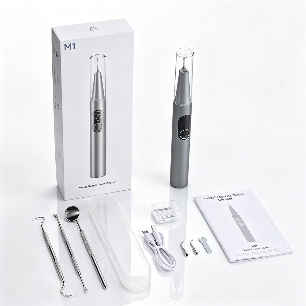 Limpador dental ultrassônico com visualização (câmera HD, luz LED, 5 modos) para higiene bucal em casa.