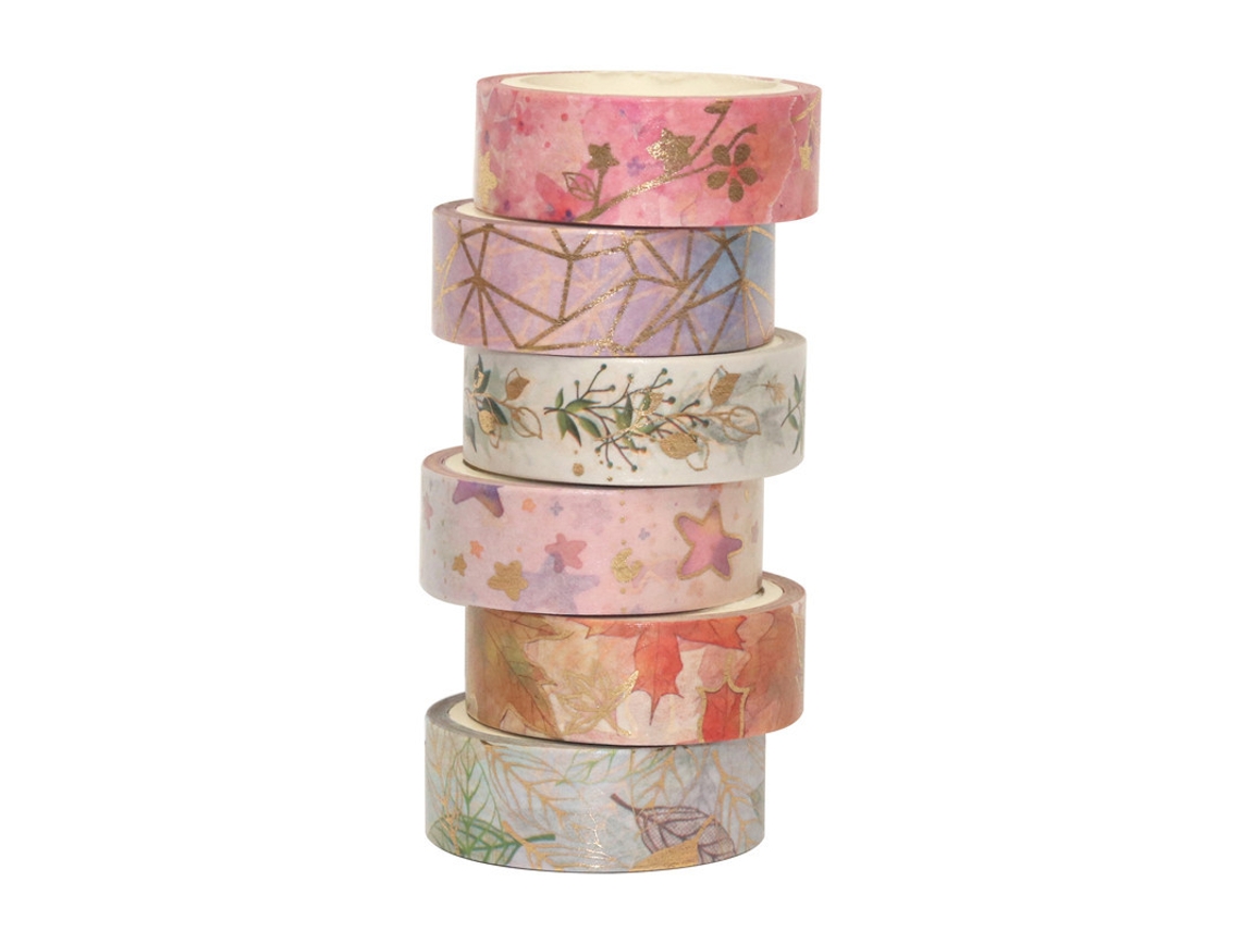 Fita Adesiva Washi, 6 Rolos, Decorativa, Ideal Scrapbooking E Impressão