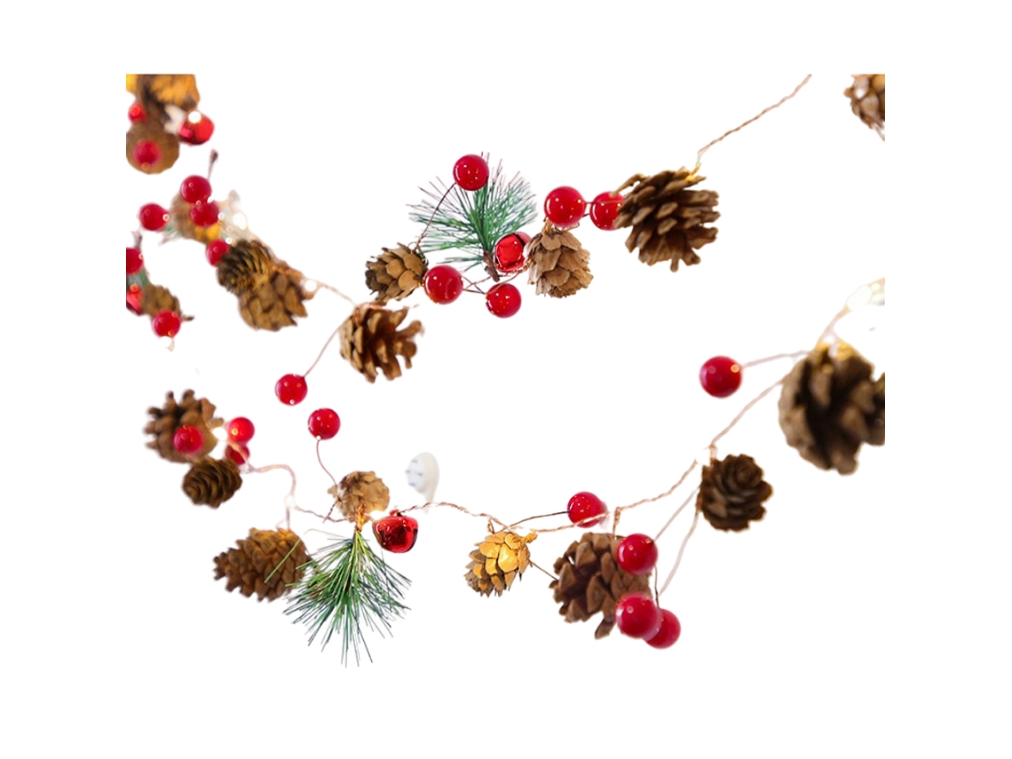 Luzes de Natal com pinhas, espinheiros, framboesas e sino, para decoração natalícia LAXISCREED