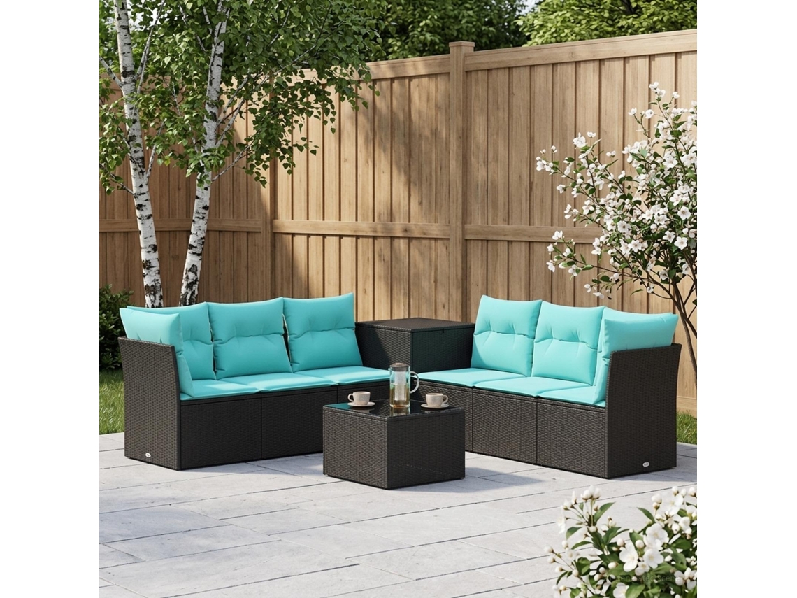 Vidaxl Conjunto De Sofás 8 Unid. Preto E Azul Rattan Poliéster E Aço
