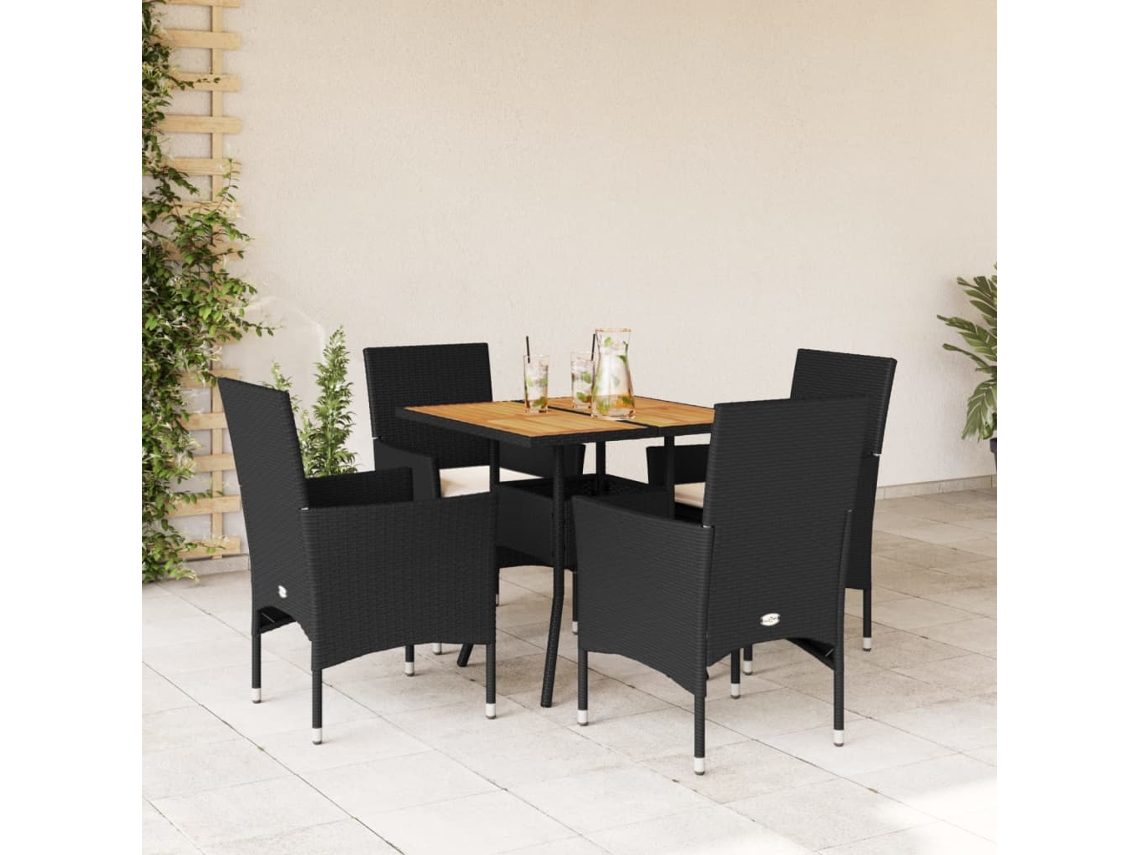 Vidaxl 5 Pcs Conjunto Jantar Jardim C/ Almofadões Vime Pe/acácia Preto