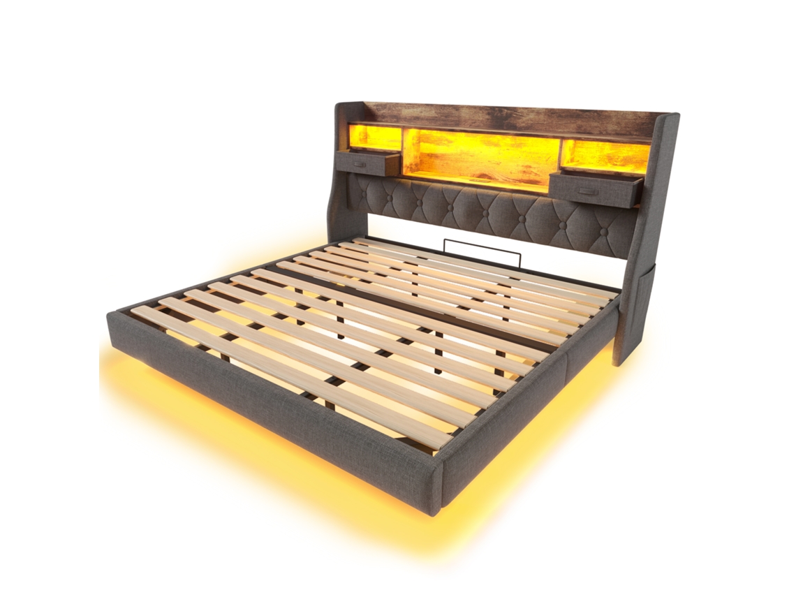 Cama Flutuante Estofada 180x200 com LED, Cabeceira, USB, Cinza PAPRIKA