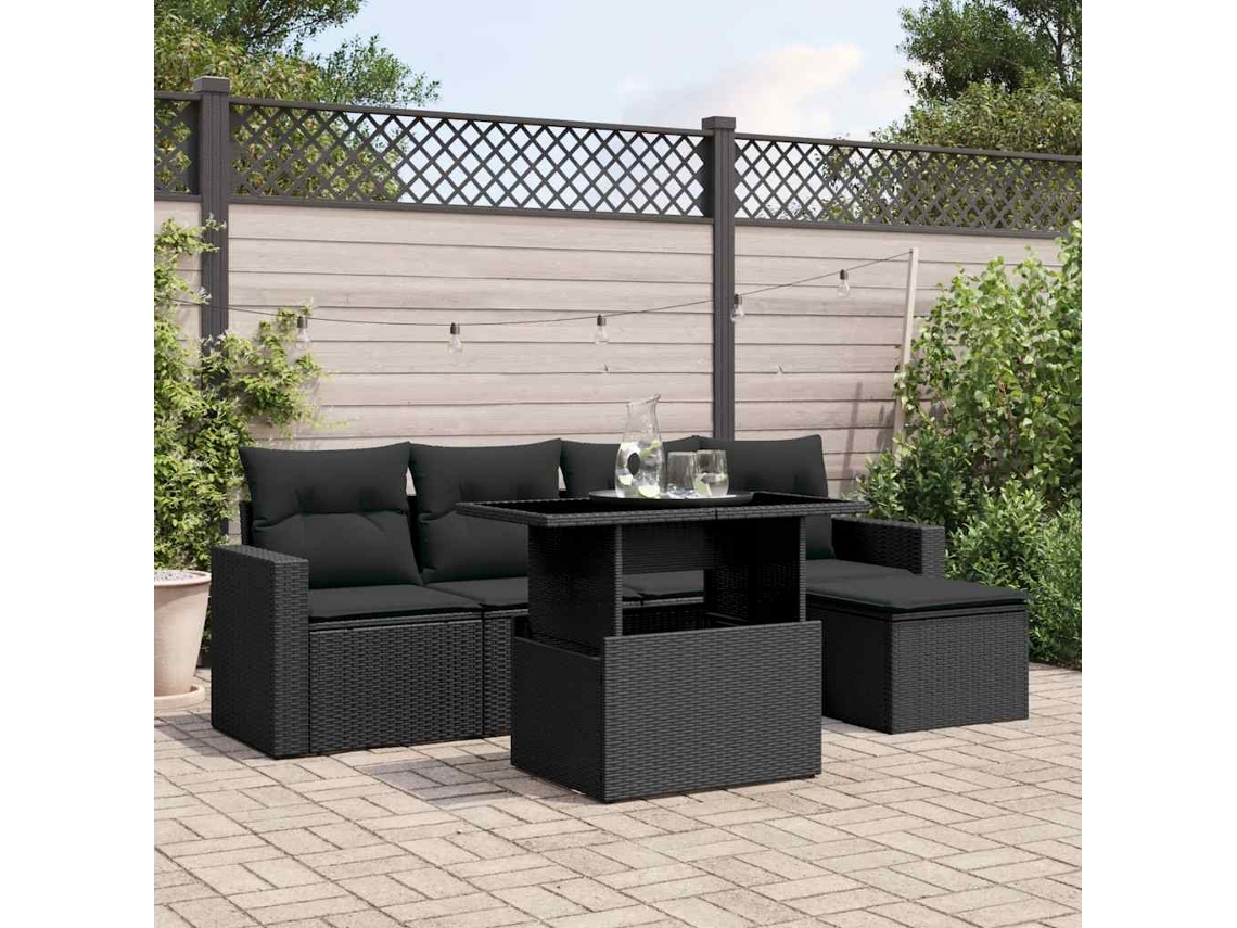 Vidaxl 6 Pcs Conjunto Sofás De Jardim C/ Almofadões Vime Pe Preto