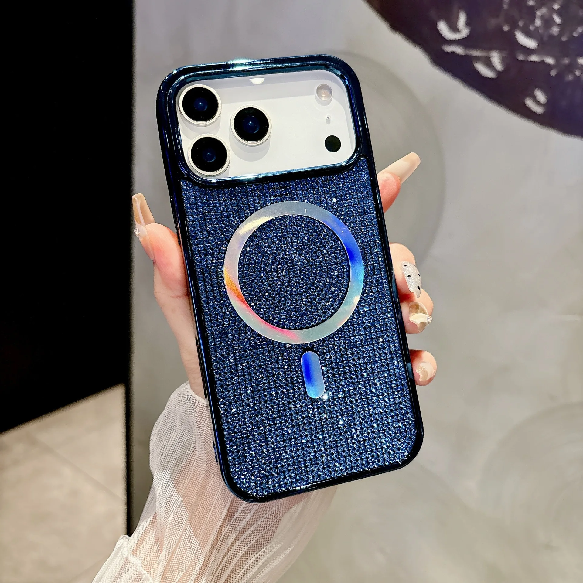 (azul, Iphone 17 Pro) Capa De Celular Luxuosa, Brilhante E Magnética, Com Strass E Moldura De Metal Galvanizado.