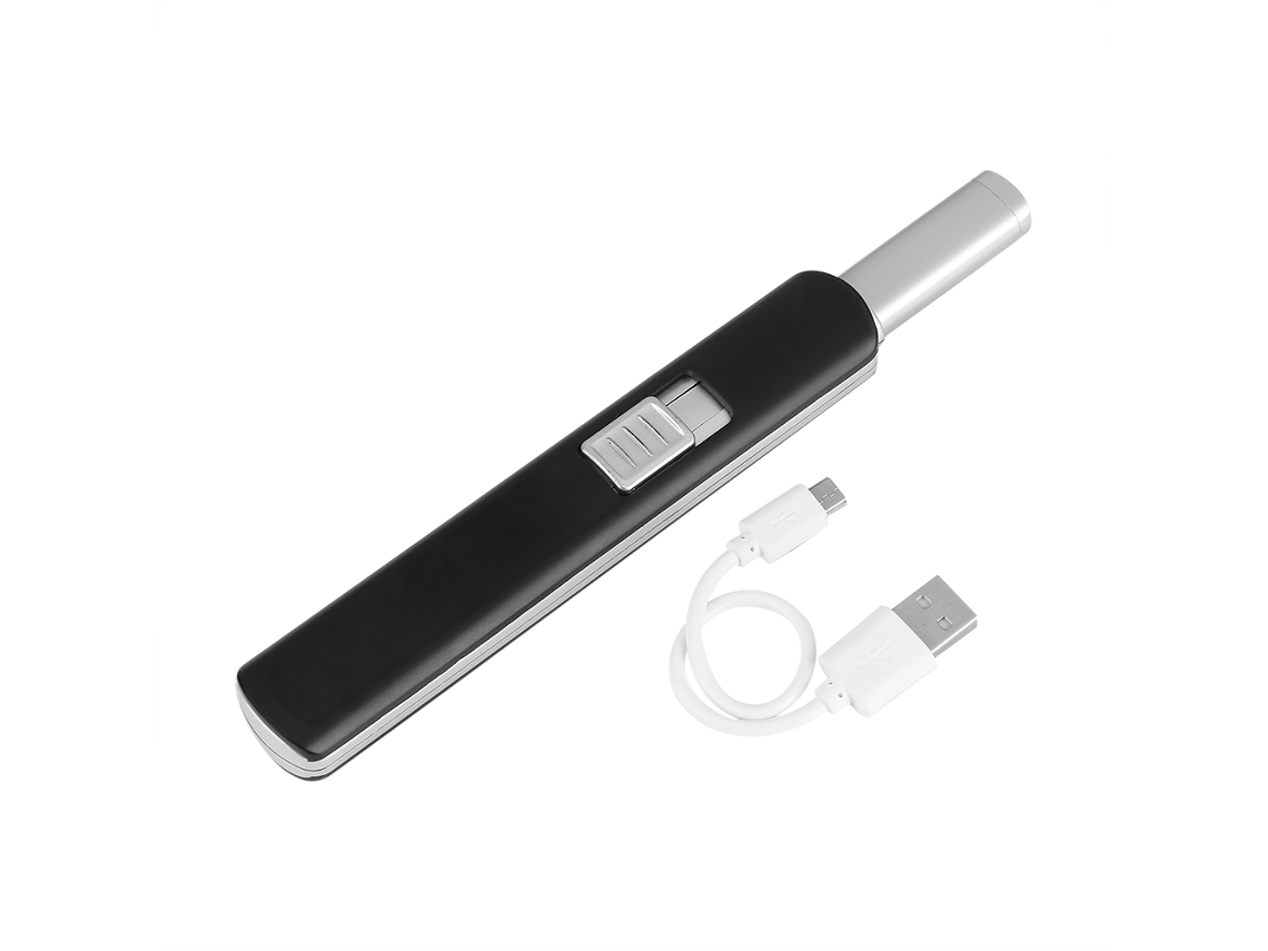 Isqueiro elétrico recarregável via USB com tampa de segurança para churrasqueiras, velas e fogões. Preto fosco.