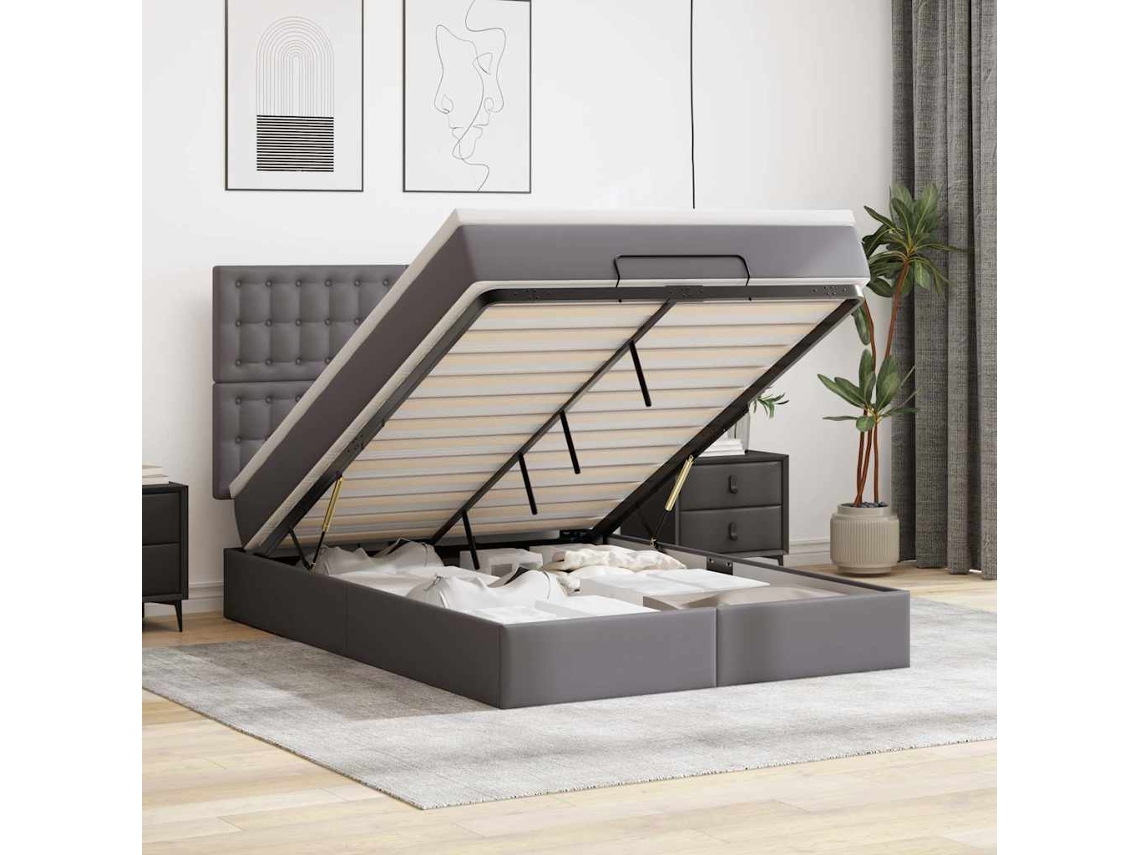 Vidaxl Estrutura De Cama Otomana Com Colchão Cinza Couro Falso