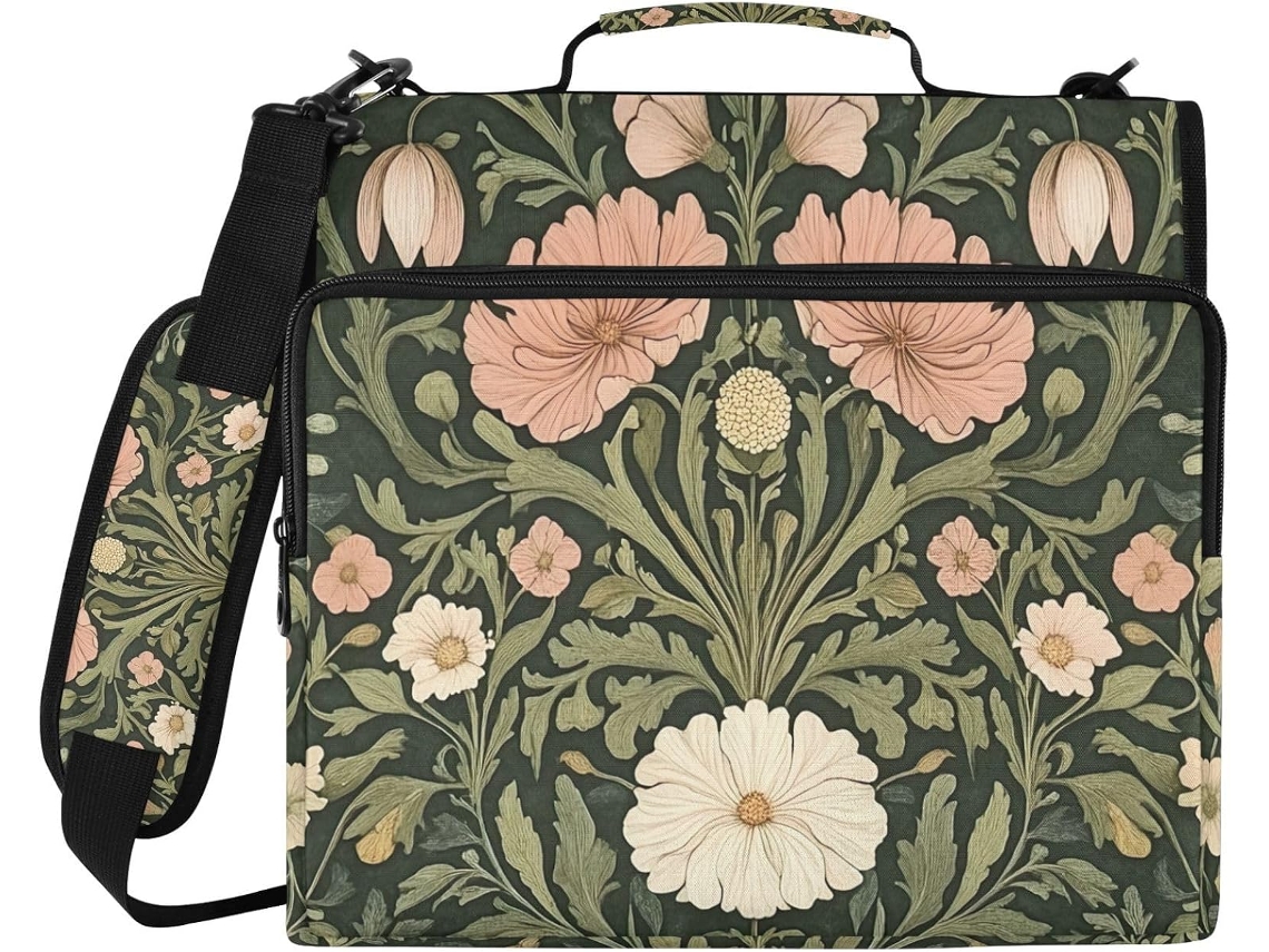 Bolsa organizadora floral com zíper, verde-escura, com três argolas, compartimento para laptop resistente à água.