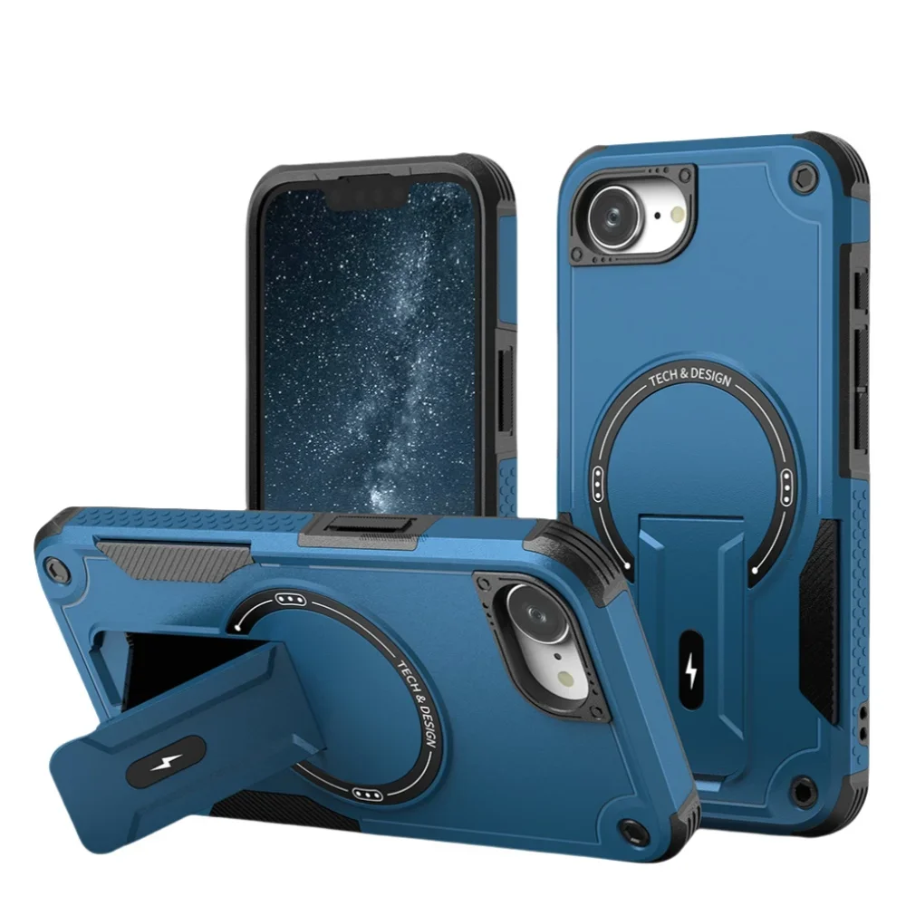 (azul, Iphone 14 Pro) Capa Resistente De Nível Militar Com Suporte E Compatibilidade Para Carregamento Sem Fio Magnético.