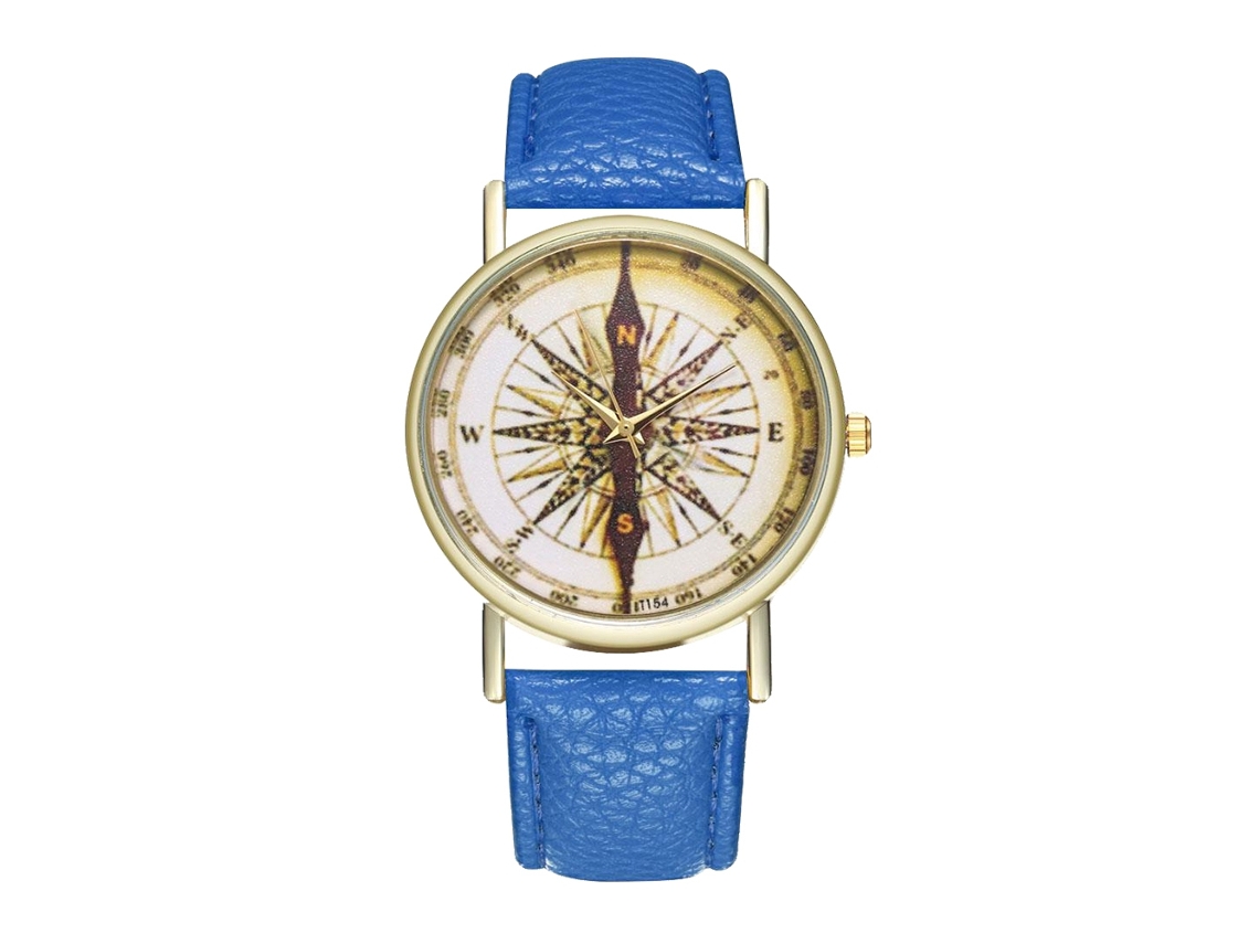 Relógio de pulso feminino elegante em couro, quartzo, azul, para momentos de lazer.