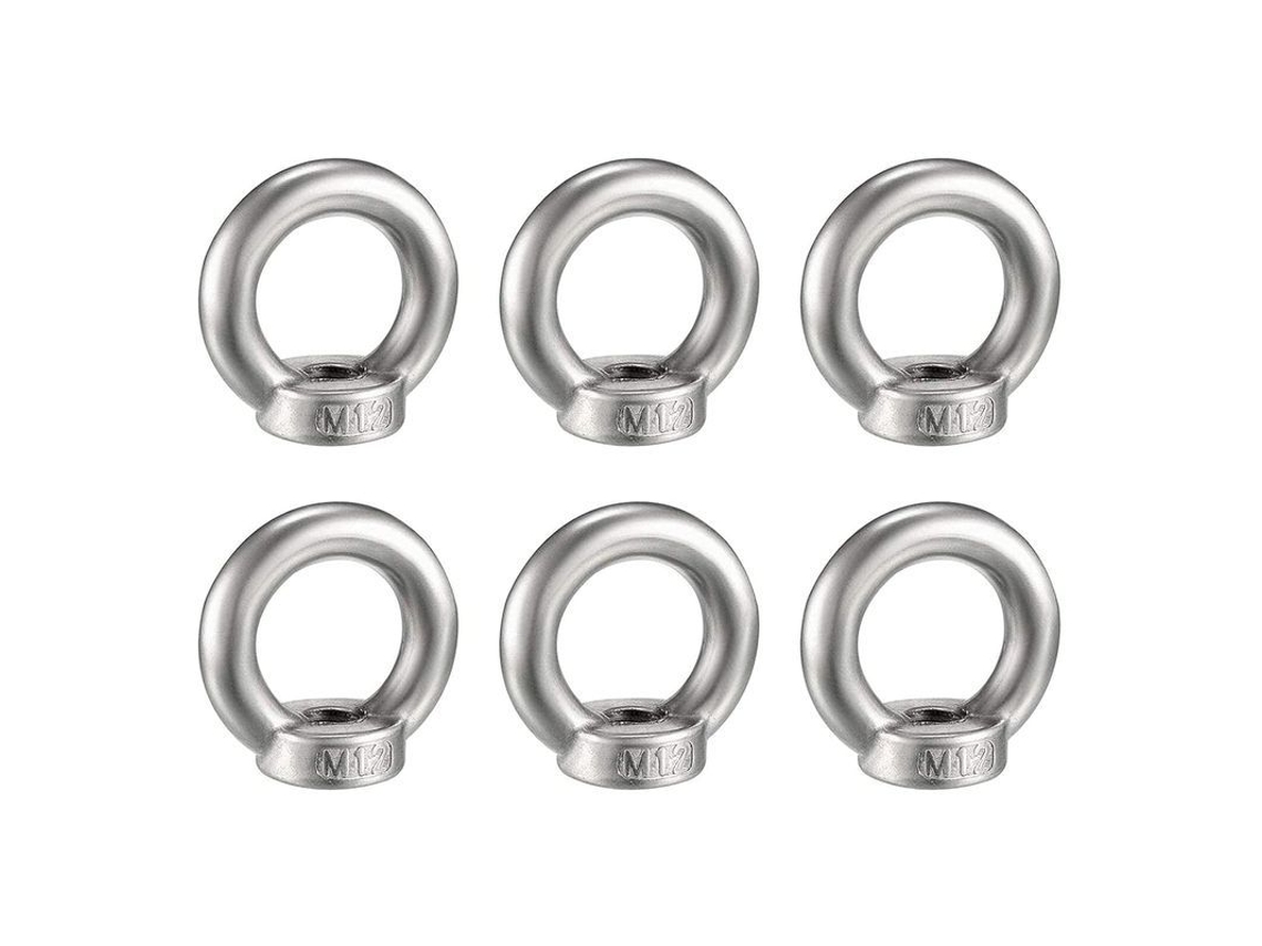 6 Porcas Anel M12, Aço Inox 304, Parafusos Rosca Métrica | S/MARCA