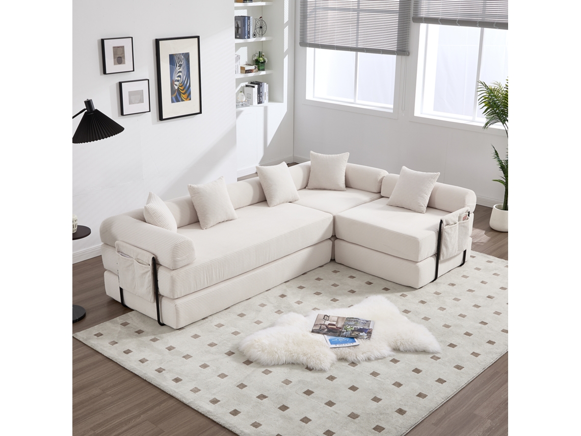 Sofá Familiar Confortável Com Baú E Função Modular, Embalado A Vácuo Para Montagem Fácil, Módulos Combináveis E Amigo Dos Pets. Bege.