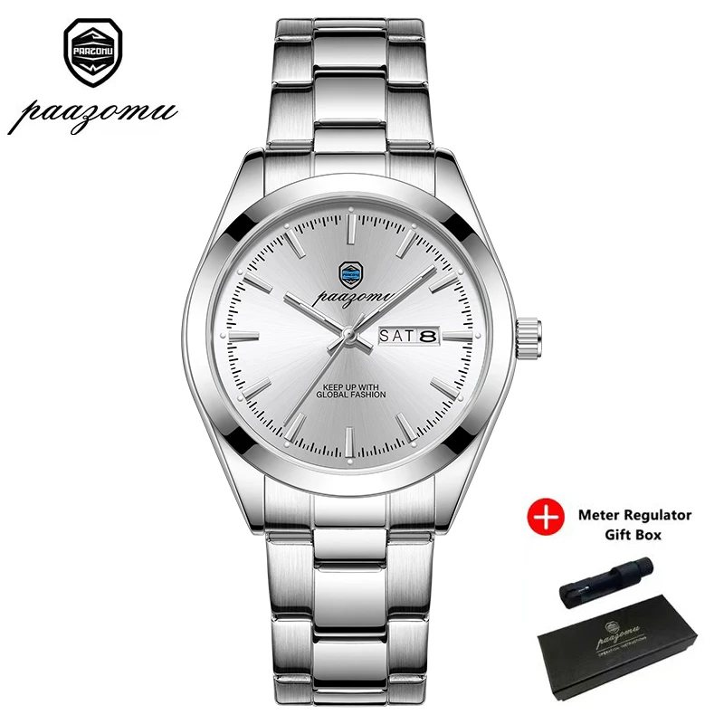 Relógio Elegante E À Prova D'água (branco Prateado), Em Aço Inoxidável, Com Indicador De Data E Dia Da Semana.