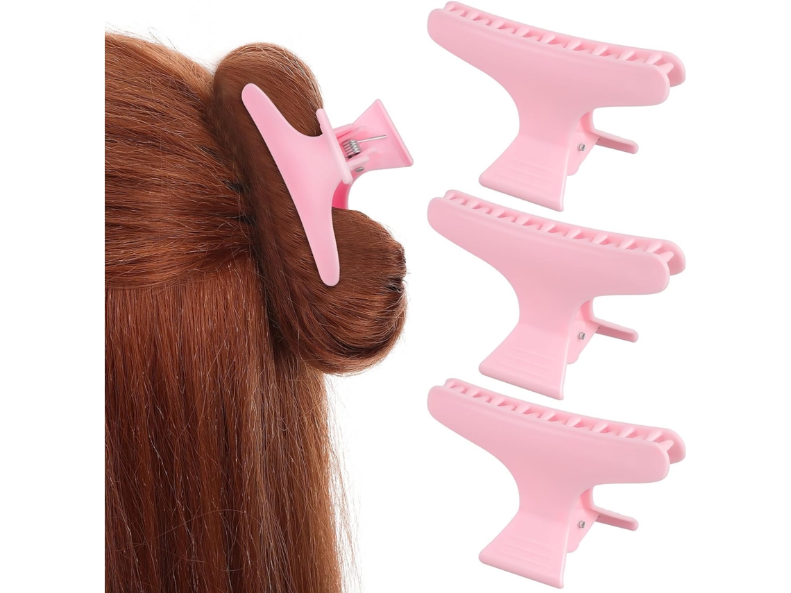 Conjunto de 12 presilhas de cabelo em formato de borboleta, em plástico rosa, para uso feminino.