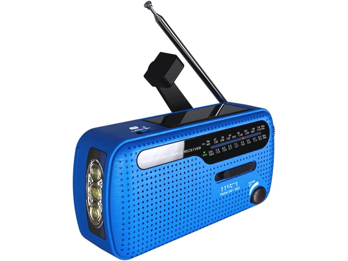 Rádio portátil AQUAFORGE transistorizado com manivela/bateria, energia solar, meteorológico, lanterna