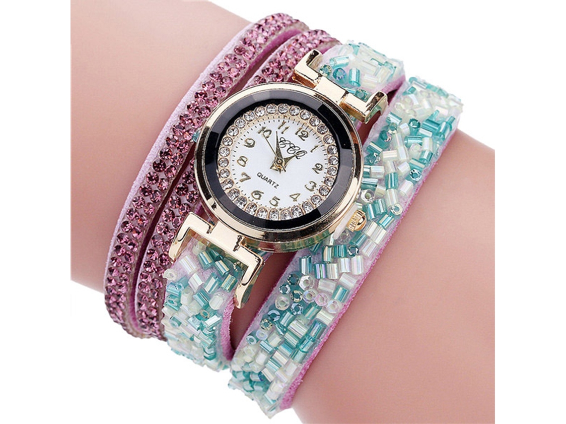 Relógio de Pulso Feminino de Quartzo com Pulseira Multicamadas e Cristais Coloridos Roxo