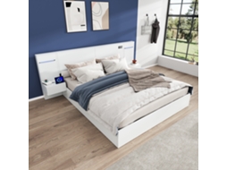 Cama De Adulto Em Madeira 160x200 Cm - Com 2 Mesas De Cabeceira - Com Porta Usb, Altifalante Bluetooth E Relógio Digital - Branco