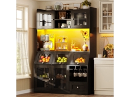 Armário De Cozinha 120×40×181,7cm Com Porta Usb, Ampla Bancada, Portas Envidraçadas E Iluminação Led Cor Preta