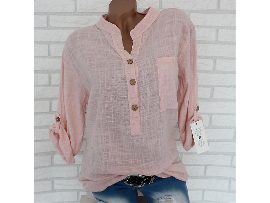 2026 blusa de Linho e Algodão para Mulher com Manga Longa e Punho Desplegável, Gola de Camisa e Baixo Assimétrico