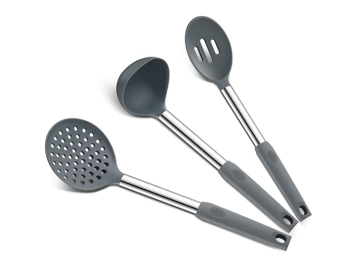 Conjunto de 3 Utensílios de Cozinha Nova Line em Silicone: Servilha, Colher Furada e Escumadeira
