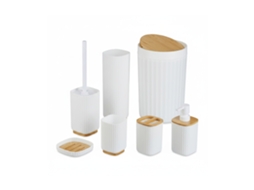 Conjunto Banheiro Relaxdays, 6 Peças, Acessórios Plástico E Bambu, Conjunto Completo, Branco/natural