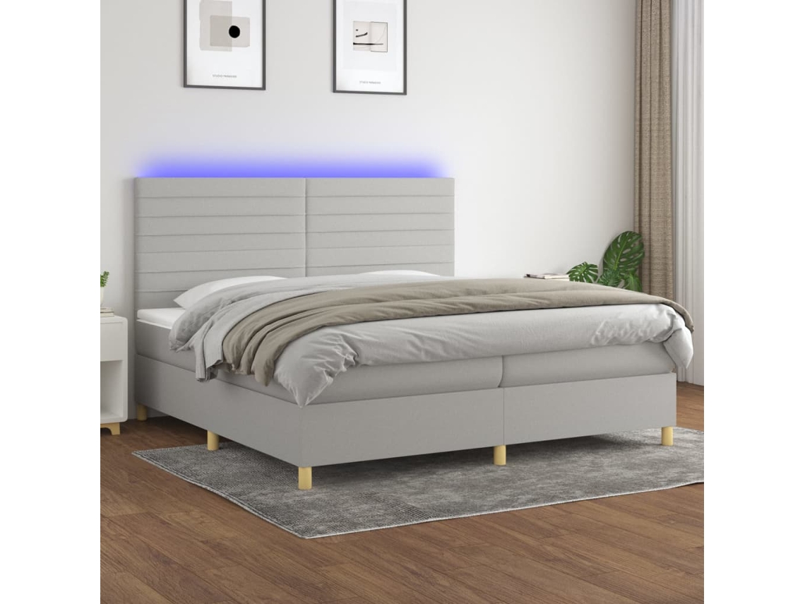 Vidaxl Cama Box Spring C/ Colchão E Led 200x200 Cm Tecido Cinza-claro