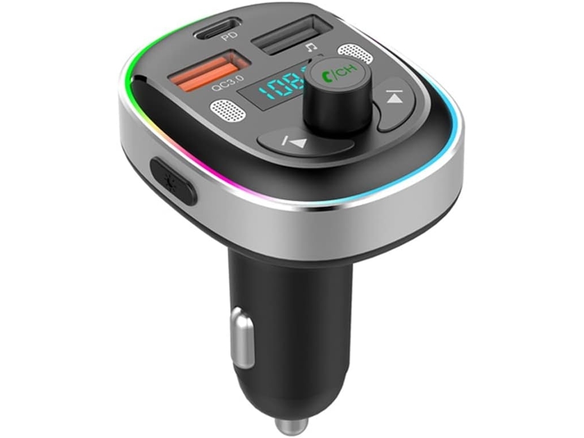 Transmissor Fm Bluetooth Para Carro Carregador Pd Qc Com Luz Rgb E Ecrã Digital