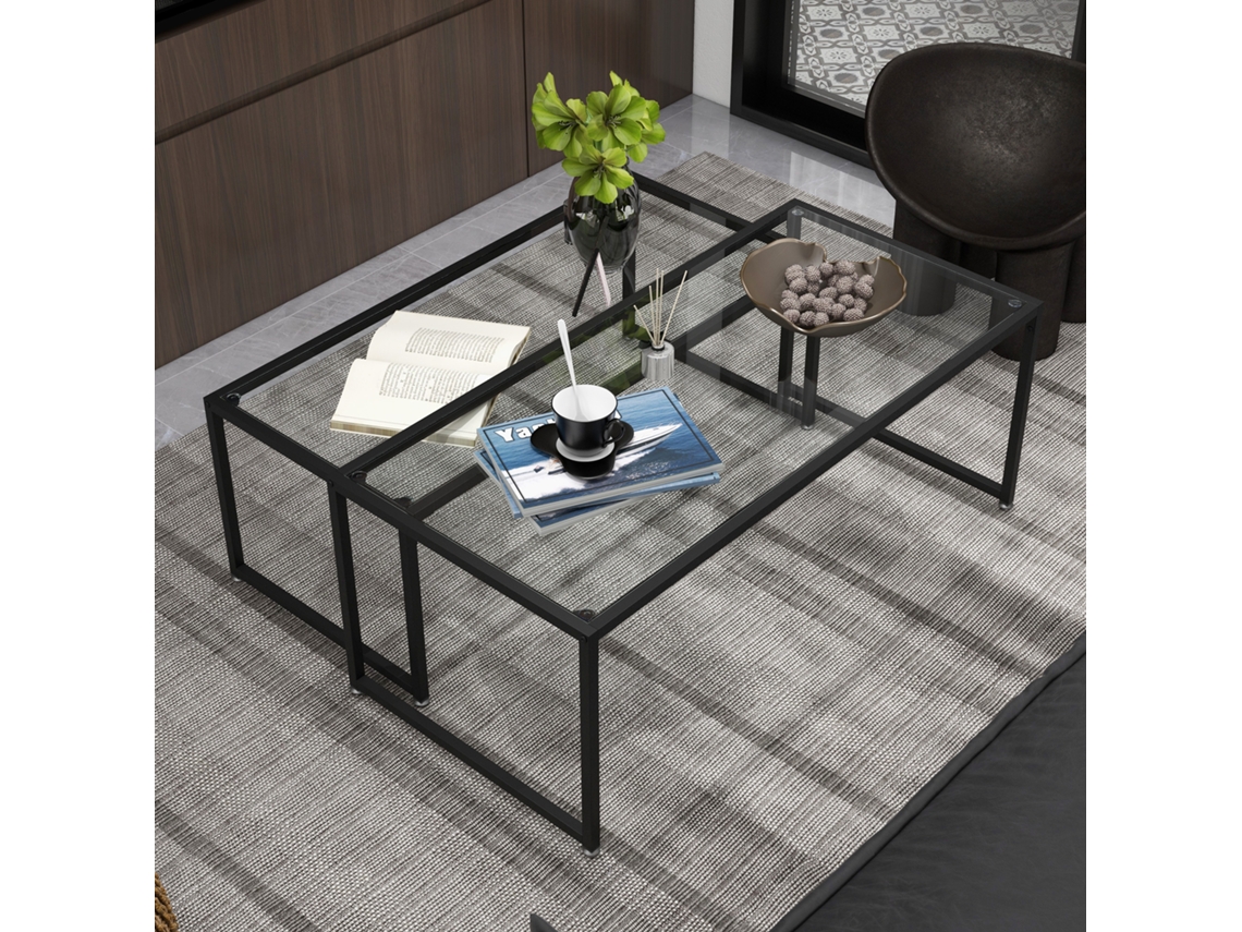 Conjunto Duas Mesas Baixas Metal Preto Tampo Vidro Versáteis Decoração Sala E Quarto