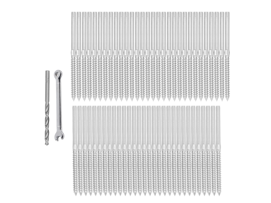 Kit de ferramentas para sistema de guarda-corpo Cabo com parafusos de fixação de aço inoxidável com rosca esquerda e reta.