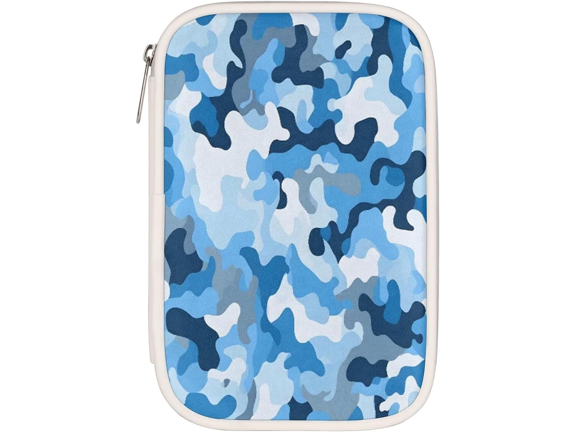 Bolsa organizadora de material escolar camuflada azul, com compartimentos, ideal para materiais escolares.