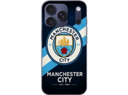 Capa Para Celular Compatível Com Apple Iphone 17 Pro Com O Escudo Do Manchester City Em Fundo Azul Com Listra Diagonal.