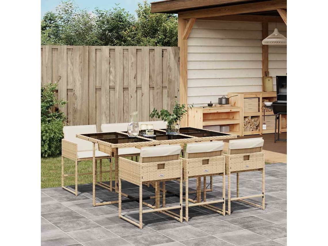 Vidaxl 7 Pcs Conjunto De Jantar P/ Jardim Com Almofadões Vime Pe Bege