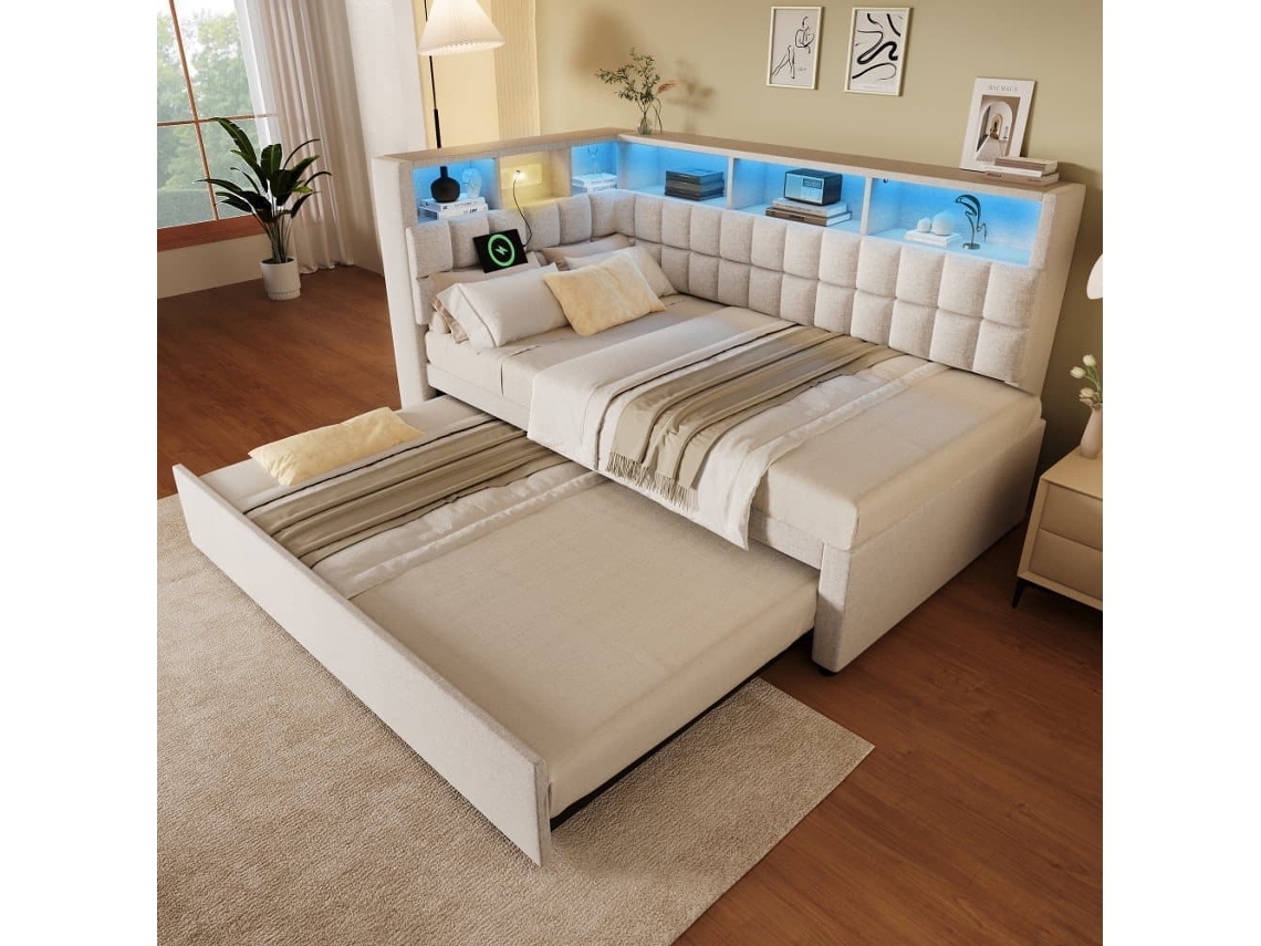Cama Individual 90x200 - Polipiel Com Led, Bluetooth, Usb/type-c, Cabeceira Em L Com Arrumação - Bege