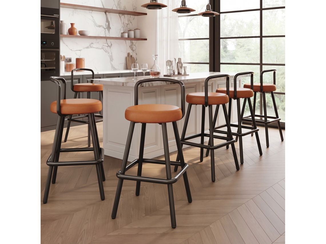 Conjunto 6 Banquetas Bar Modernas Couro Pu Marrom
