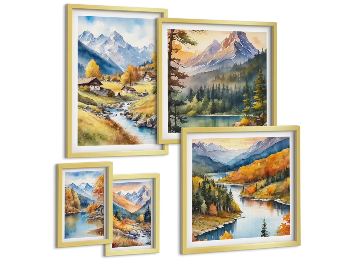 Conjunto De Pinturas Paisagens De Montanha Vales Rios Espelharte (5 Peças)